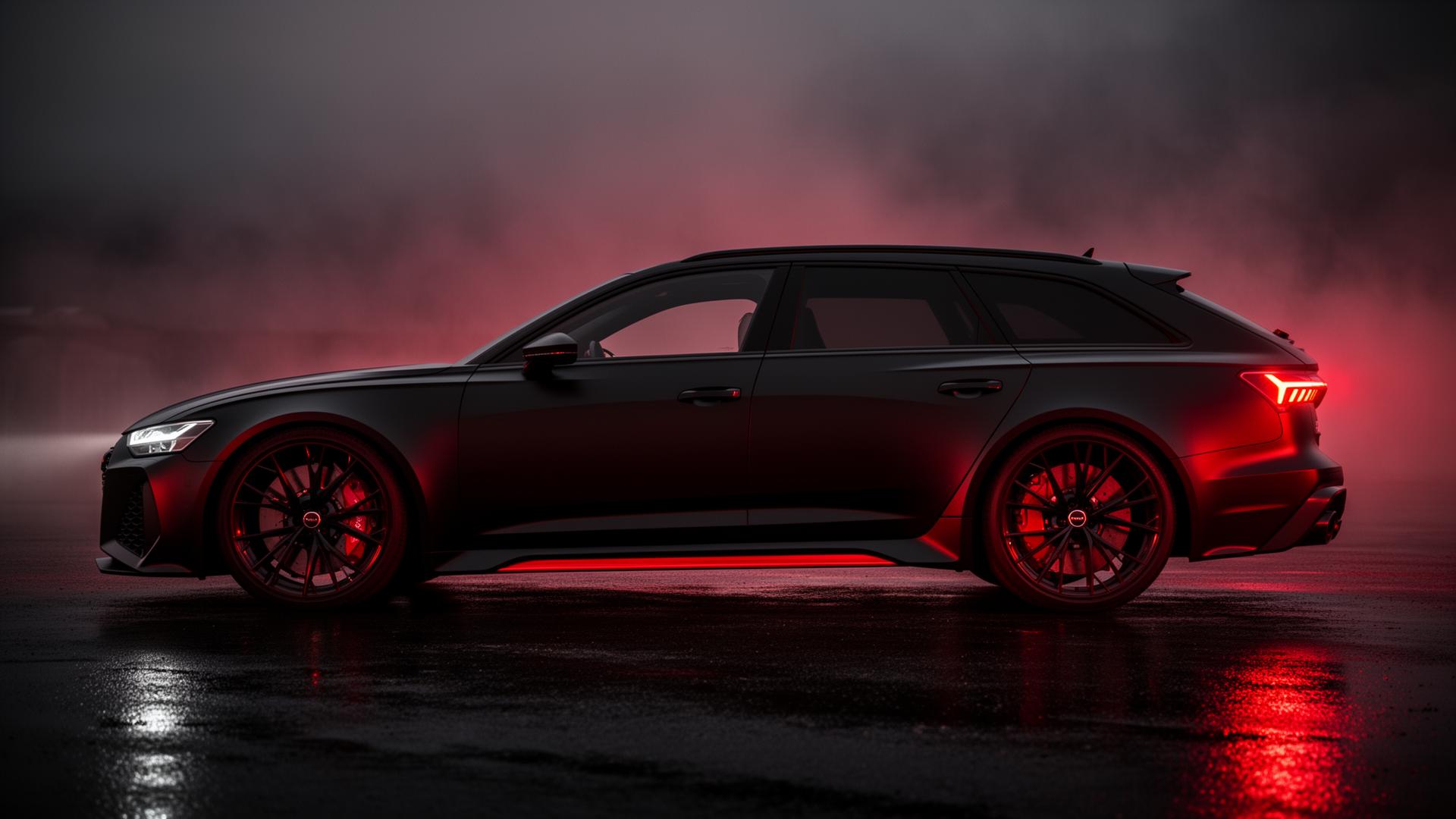 Matzwarte Audi RS6 in rode mist